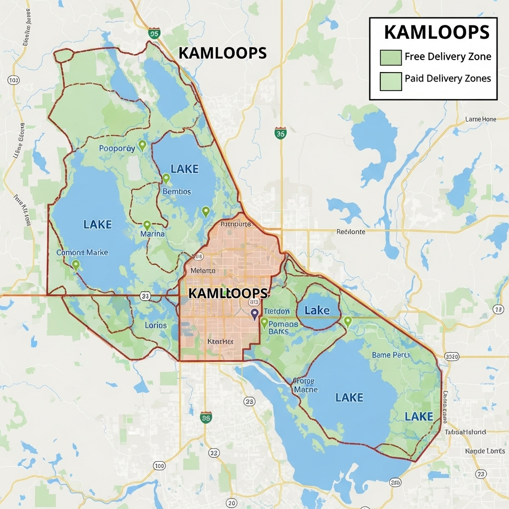 Map of Kamloops area lakes and delivery zones